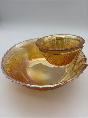Carnival Glass Serving Bowl with Dipper - Iridescent Amber